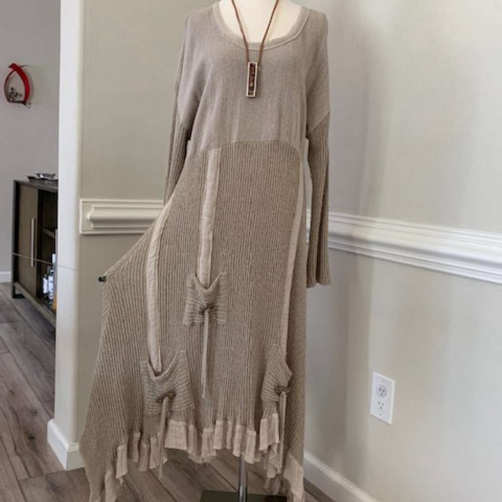 ZELE - lagenlook, art to wear,  dress beige linen size S/M